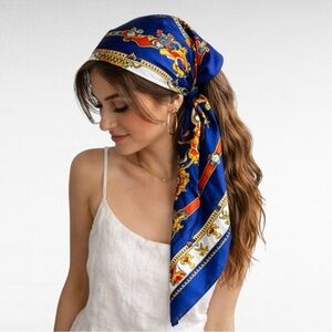 VINTAGE | 1980’s Multicolored Blue Satin Square Medallions Chains Printed Scarf